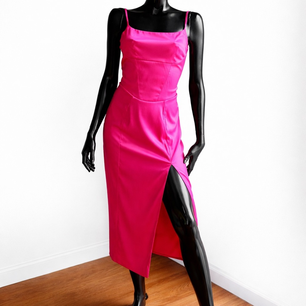 Hot Pink Satin Dress 💃 Formal / Prom / Party, Side Slit, Size M